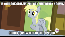 Size: 500x281 | Tagged: safe, edit, edited screencap, screencap, derpy hooves, pegasus, pony, g4, rainbow falls, female, hub logo, image macro, mare, sarcasm in the comments, solo, text edit, the grey one's glorious return