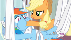 Size: 1280x717 | Tagged: safe, screencap, applejack, rainbow dash, g4, rainbow falls, bandage, feederjack, force feeding, hoof in mouth, hoofjack, on back, open mouth, out of context, puffy cheeks, raised eyebrow, smiling, wide eyes