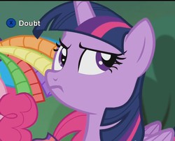 Size: 908x734 | Tagged: safe, pinkie pie, twilight sparkle, alicorn, pony, g4, rainbow falls, button, disapproval, doubt, female, funny, l.a. noire, mare, photoshop, press x to doubt, twilight sparkle (alicorn), x