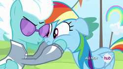 Size: 1920x1080 | Tagged: safe, screencap, fleetfoot, rainbow dash, pegasus, pony, g4, rainbow falls, female, squishy cheeks, warmup suit