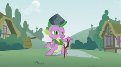 Size: 1054x592 | Tagged: safe, screencap, spike, dragon, feeling pinkie keen, g4, leaf, male, pose, rock, solo, stick