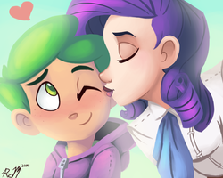 Size: 1500x1200 | Tagged: safe, artist:ric-m, rarity, spike, human, g4, 2014, blushing, clothes, eyes closed, female, freckles, hoodie, human spike, humanized, kissing, light skin, lipstick, male, one eye closed, ship:sparity, shipping, signature, smiling, smooch, straight