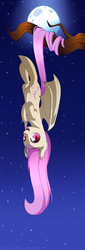 Size: 1183x3500 | Tagged: safe, artist:derpiliciouspony, fluttershy, bat pony, pony, bats!, g4, female, flutterbat, hanging, hanging upside down, moon, night, prehensile tail, race swap, solo, spread wings, stars, tongue out, tree, upside down, wings