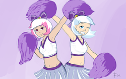 Size: 1920x1200 | Tagged: safe, artist:aa, lilac sky, spring step, sunlight spring, human, g4, rainbow falls, armpits, background pony, belly button, bow, cheerleader, clothes, humanized, light skin, midriff, pom pom, skirt, sports bra, sports skirt, tank top, wink