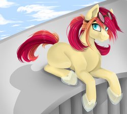 Size: 942x848 | Tagged: safe, artist:santagiera, oc, oc only, oc:sunlight dab, earth pony, pony, blank flank, bunches, cloud, day, female, freckles, glass slipper (footwear), goggles, horseshoes, looking at you, looking up, mare, outdoors, ponytail, prone, sky, smiling, solo