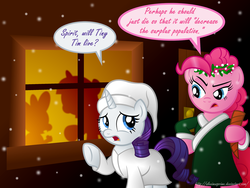 Size: 1280x962 | Tagged: safe, artist:aleximusprime, pinkie pie, rarity, spike, spirit of hearth's warming presents, twilight sparkle, g4, a christmas carol, ebenezer scrooge, hat, hilarious in hindsight, nightcap, silhouette, the ghost of christmas present