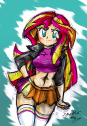 Size: 920x1320 | Tagged: safe, artist:danmakuman, sunset shimmer, human, equestria girls, g4, belly button, breasts, busty sunset shimmer, clothes, female, humanized, jacket, leather jacket, microskirt, midriff, miniskirt, skirt, socks, solo, thigh highs, thigh socks, top