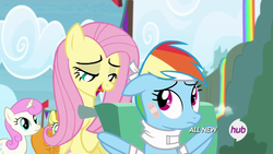 Size: 1920x1080 | Tagged: safe, screencap, carrot top, fluttershy, golden harvest, rainbow dash, twinkleshine, g4, rainbow falls, bandage, bipedal, feignbow dash, floppy ears, frown, lidded eyes, open mouth, out of context, smiling, tongue out