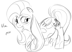 Size: 659x479 | Tagged: safe, artist:dotkwa, fluttershy, cow, cow pony, pegasus, pony, g4, blushing, cowified, female, fluttercow, fluttermilk, grayscale, lactation, leaking, milk, monochrome, solo, species swap, tongue out, udder, uddershy
