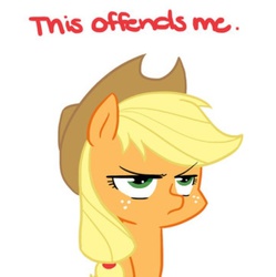 Size: 595x598 | Tagged: safe, artist:kianamai, applejack, earth pony, pony, g4, female, frown, glare, grumpy, mare, offended, offensive, reaction image, simple background, solo, unamused, white background