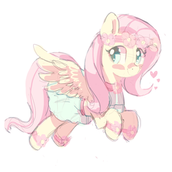 Size: 820x820 | Tagged: safe, artist:mewball, fluttershy, pegasus, pony, g4, rainbow falls, clothes, female, floating heart, floral head wreath, flower, heart, mare, simple background, skirt, smiling, solo, spread wings, white background, wings