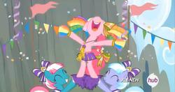 Size: 1908x1006 | Tagged: safe, screencap, lilac sky, pinkie pie, spring step, sunlight spring, earth pony, pegasus, pony, g4, rainbow falls, season 4, ^^, all new, cheerleader, cheerleader pinkie, confetti, eyes closed, female, grin, hub logo, logo, mare, open mouth, open smile, skirt, smiling, text, the hub