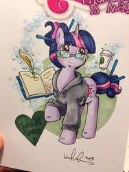 Size: 1024x1365 | Tagged: safe, artist:katie cook, twilight sparkle, g4, book, clothes, coffee, female, glasses, hoodie, magic, solo, traditional art