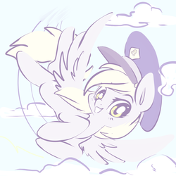 Size: 1200x1200 | Tagged: safe, artist:clockworkquartet, derpy hooves, pegasus, pony, g4, cloud, cute, derpabetes, female, flying, mailmare, mare, sky, smiling, solo, spread wings, wings