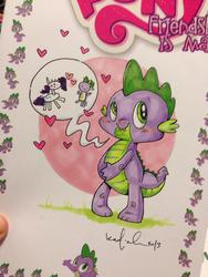 Size: 1024x1365 | Tagged: safe, artist:katiecandraw, rarity, spike, g4, female, male, ship:sparity, shipping, straight, thought bubble, traditional art