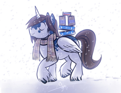 Size: 1024x788 | Tagged: safe, artist:bgn, oc, oc only, oc:vonce, alicorn, pony, alicorn oc, boxes, clothes, scarf, snow, snowfall, solo, unshorn fetlocks, vonce, winter