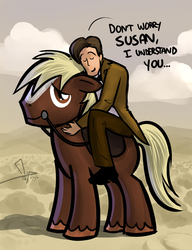 Size: 788x1024 | Tagged: safe, artist:bgn, bit, blazer, bowtie, clothes, cute, doctor who, eleventh doctor, eyes closed, floppy ears, hug, ponified, reins, riding, saddle, shirt, smiling, susan, transgender