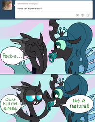 Size: 1280x1635 | Tagged: safe, artist:jay muniz, queen chrysalis, oc, oc:jeff, ask crinkle bottom chrysalis, g4, adult foal, happy, pacifier, peekaboo, pigtails, tumblr