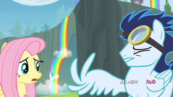 Size: 1440x810 | Tagged: safe, fluttershy, soarin', pegasus, pony, g4, rainbow falls, duo, eyes closed, female, goggles, hub logo, injured, male, mare, open mouth, stallion, worried