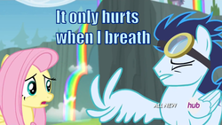 Size: 1440x810 | Tagged: safe, fluttershy, soarin', g4, rainbow falls, goggles, grammar error, hub logo, image macro, injured, worried