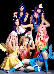 Size: 1425x1950 | Tagged: safe, artist:ary-neko, artist:cherrysteam, artist:chiipichan, applejack, fluttershy, pinkie pie, princess luna, rainbow dash, rarity, spike, twilight sparkle, human, g4, belly button, clothes, cosplay, irl, irl human, mane six, midriff, photo, skirt, sports bra