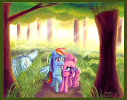 Size: 1024x813 | Tagged: safe, artist:linkslove, pinkie pie, rainbow dash, g4, female, lesbian, ship:pinkiedash, shipping, traditional art