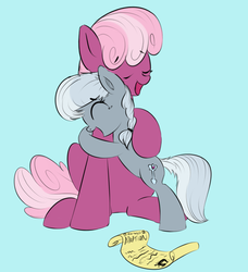 Size: 900x989 | Tagged: safe, artist:tiki2, artist:xioade, cheerilee, silver spoon, earth pony, pony, g4, adopted, adopted offspring, adoption, cute, hug, missing accessory, parent:cheerilee, simple background, wholesome