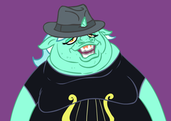 Size: 909x642 | Tagged: safe, artist:cybersp0nge, lyra heartstrings, g4, brony stereotype, fat, fedora, fedora shaming, female, hat, humie, solo, trilby