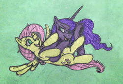 Size: 2352x1620 | Tagged: safe, artist:selenophile, fluttershy, princess luna, g4, laughing, tickling