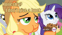 Size: 1080x608 | Tagged: safe, edit, edited screencap, screencap, applejack, derpy hooves, dizzy twister, merry may, orange swirl, rarity, earth pony, pegasus, pony, g4, rainbow falls, all new, apple brown betty (food), aweeg*, caption, cheeks, eating, female, grin, hub logo, image macro, logo, mare, smiling, solo focus, text, the hub