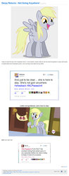 Size: 851x2161 | Tagged: safe, derpy hooves, pegasus, pony, equestria daily, g4, rainbow falls, female, jim miller, mare, meta, mike vogel, text, the grey one's glorious return, twitter, welcome back derpy