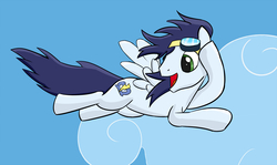 Size: 1280x762 | Tagged: safe, artist:nintonbp, soarin', pegasus, pony, g4, cloud, flying, goggles, looking back, male, scene interpretation, sky, solo, stallion