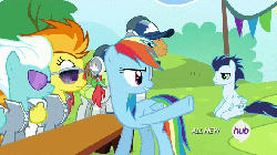 Size: 660x371 | Tagged: safe, screencap, fleetfoot, peachy swoop, rainbow dash, rivet, soarin', spitfire, pegasus, pony, g4, rainbow falls, animated, background pony, crossed hooves, female, gif, male, mare, soarin' is not amused, stallion, warmup suit
