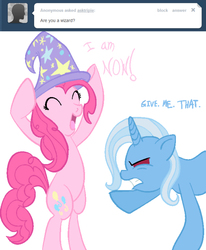 Size: 664x806 | Tagged: safe, artist:lowhitney, pinkie pie, trixie, pony, ask tripie, g4, angry, are you a wizard, bipedal, eyes closed, glare, gritted teeth, happy, hat, open mouth, pointing, punctuated for emphasis, rage, smiling, trixie's hat, tumblr