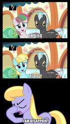 Size: 700x1244 | Tagged: safe, edit, edited screencap, screencap, blossomforth, cloud kicker, helia, thunderlane, pegasus, pony, g4, my little pony: friendship is magic, rainbow falls, all new, background pony, exploitable, facehoof, female, hub logo, i am disappoint, male, mare, reaction image, stallion, text, vector