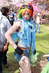 Size: 618x927 | Tagged: safe, artist:avalon-cosplay, rainbow dash, tank, human, g4, clothes, convention, cosplay, fingerless gloves, gloves, goggles, irl, irl human, photo, plushie, shorts, solo