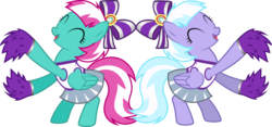 Size: 1304x612 | Tagged: safe, artist:atmospark, lilac sky, spring step, sunlight spring, pegasus, pony, g4, rainbow falls, bow, cheerleader, cheerleader outfit, clothes, female, hair bow, mare, pom pom, simple background, skirt, transparent background, vector