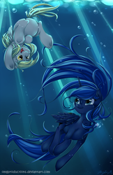 Size: 550x850 | Tagged: dead source, safe, artist:omgproductions, derpy hooves, princess luna, pegasus, pony, g4, bubble, crepuscular rays, female, mare, missing accessory, open mouth, smiling, swimming, underhoof, underwater, upside down