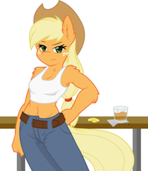 Size: 3574x4123 | Tagged: safe, artist:ambris, artist:gray-gold, applejack, earth pony, anthro, g4, bar, belly button, belt, bits, clothes, drink, female, fluffy, jeans, midriff, simple background, solo, tank top, transparent background, vector