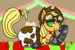 Size: 900x600 | Tagged: safe, artist:yurihooves, applejack, g4, clothes, female, goggles, prone, rosie the riveter, solo