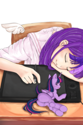 Size: 499x750 | Tagged: safe, artist:d-tomoyo, twilight sparkle, alicorn, human, pony, g4, butt, cute, female, hooves, human ponidox, humanized, light skin, micro, on side, plot, simple background, sleeping, smiling, solo, tablet, transparent background, twibutt, twilight sparkle (alicorn), underhoof, wacom intuos