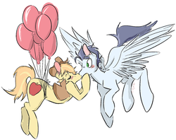 Size: 1280x1015 | Tagged: dead source, safe, artist:cleppyclep, braeburn, soarin', earth pony, pegasus, pony, g4, balloon, blushing, duo, gay, kiss on the lips, kissing, male, ship:soarburn, shipping, simple background, stallion, white background