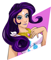 Size: 1273x1500 | Tagged: safe, artist:g-blue16, rarity, human, g4, cutie mark on clothes, element of generosity, female, humanized, light skin, makeup, portrait, simple background, solo, transparent background