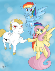 Size: 5000x6500 | Tagged: safe, artist:bloodyhellhayden, bulk biceps, fluttershy, rainbow dash, g4, my little pony: friendship is magic, rainbow falls, absurd resolution, flying