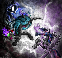 Size: 1296x1200 | Tagged: safe, artist:flutterthrash, king sombra, nightmare moon, queen chrysalis, twilight sparkle, alicorn, changeling, changeling queen, pony, unicorn, g4, fangs, female, glowing horn, horn, magic, mare, twilight sparkle (alicorn)