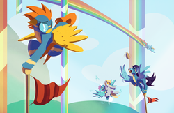 Size: 5100x3300 | Tagged: safe, artist:darkflame75, derpy hooves, fleetfoot, rainbow dash, soarin', spitfire, pegasus, pony, g4, rainbow falls, clothes, crash, female, flying, food, mare, trail, uniform, wonderbolts, wonderbolts uniform