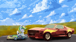 Size: 5252x2934 | Tagged: safe, artist:owlvortex, oc, oc only, oc:wheely bopper, original species, wheelpone, blushing, car, ford, mustang, shelby gt500 mustang, solo