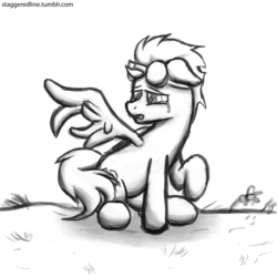 Size: 1280x1280 | Tagged: safe, artist:staggeredline, soarin', g4, rainbow falls, crying, grayscale, injured, male, monochrome, solo