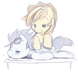 Size: 850x793 | Tagged: safe, artist:ende26, braeburn, soarin', g4, :t, bedroom eyes, blushing, chibi, cute, gay, lidded eyes, male, massage, prone, scrunchy face, ship:soarburn, shipping, simple background, smiling, table