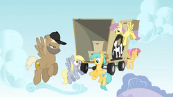 Size: 1054x592 | Tagged: safe, screencap, crafty crate, derpy hooves, dizzy twister, merry may, orange swirl, parasol, sunshower raindrops, pegasus, pony, feeling pinkie keen, g4, female, male, mare, skywagon, stallion